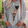 Womens Fashionable Cats Print Crew Neck T-shirt - Long Sleeve Casual Top for Spring & Fall - Lightweight, Comfortable, Artistic Design
