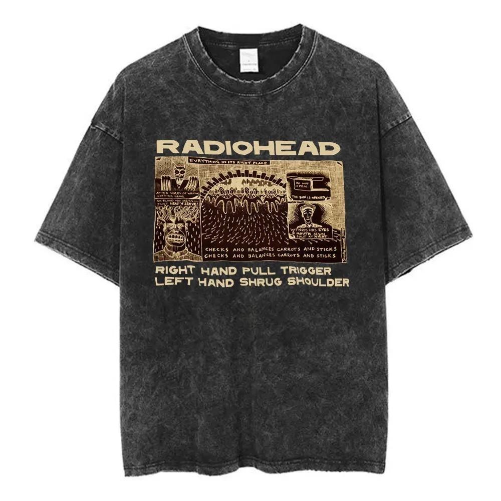 Radiohead Винтажная стираная футболка Мужская Женская Хип-Хоп Хлопок Музыкальная группа Футболка
