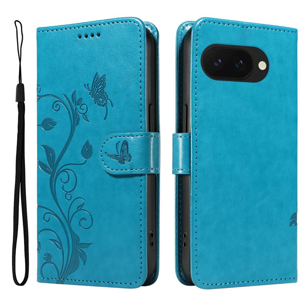 For Google Pixel 9a PU Leather Cases Flower Pattern Wallet Stand Phone Cover with Strap
