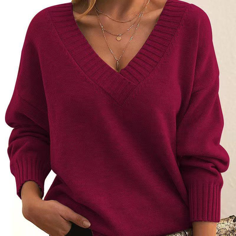 Women's Fashion Casual Solid Color Print Autumn Winter Long Sleeve V-Neck Loose Sweaters