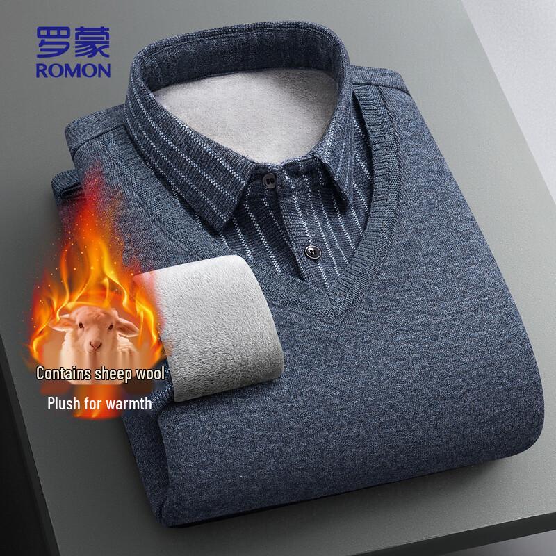 ROMON Мужской вязаный свитер из смесовой шерсти с флисовой подкладкой и воротником-поло