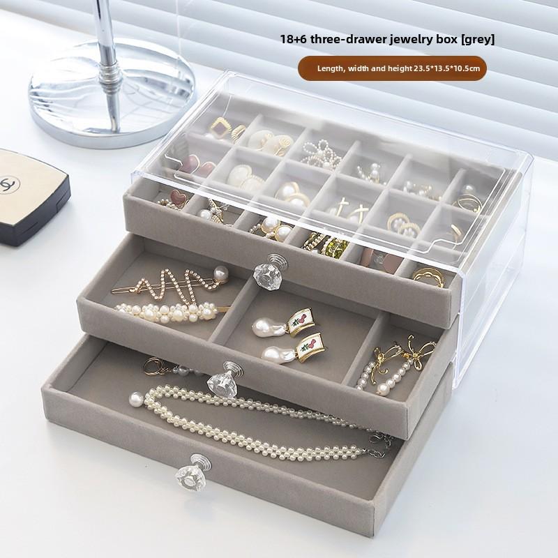 Three-layer Flannel Jewelry Storage Box, Earrings, Earrings, Storage Box, Jewelry Dust-proof Drawer Jewelry Box Storage
