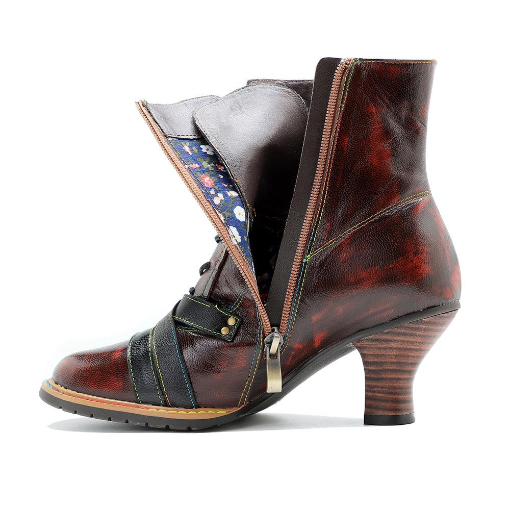 Johnature Модные сапоги из натуральной кожи, женская обувь на высоком каблуке, короткие сапоги с заклепками в стиле ретро
