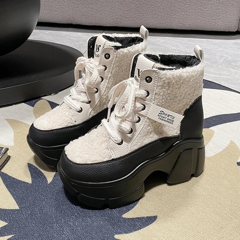 Ботинки на шнуровке с толстой подошвой и высоким каблуком из плюша и хлопка для женщин, зимние теплые, удобные, модные, увеличивающие рост, спортивная обувь