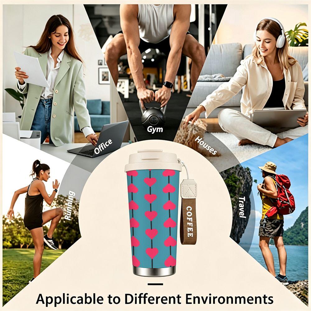 Cute Pink Hearts Pattern Stainless Steel Insulated Coffee Tumbler Vacuum Travel Mug Leakproof Cup for School Office Daily Use