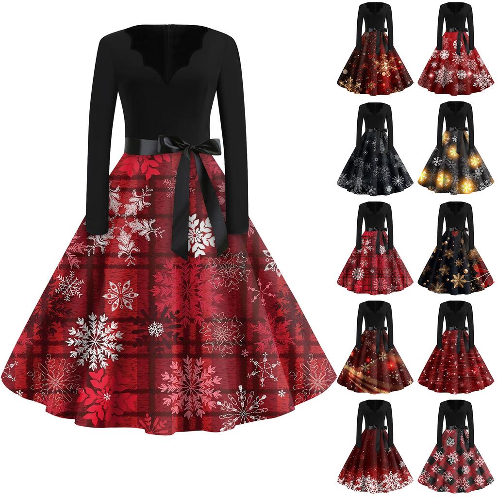 Women's Fashion V-Neck Casual Slim Christmas Printed Long Sleeve Dresses
