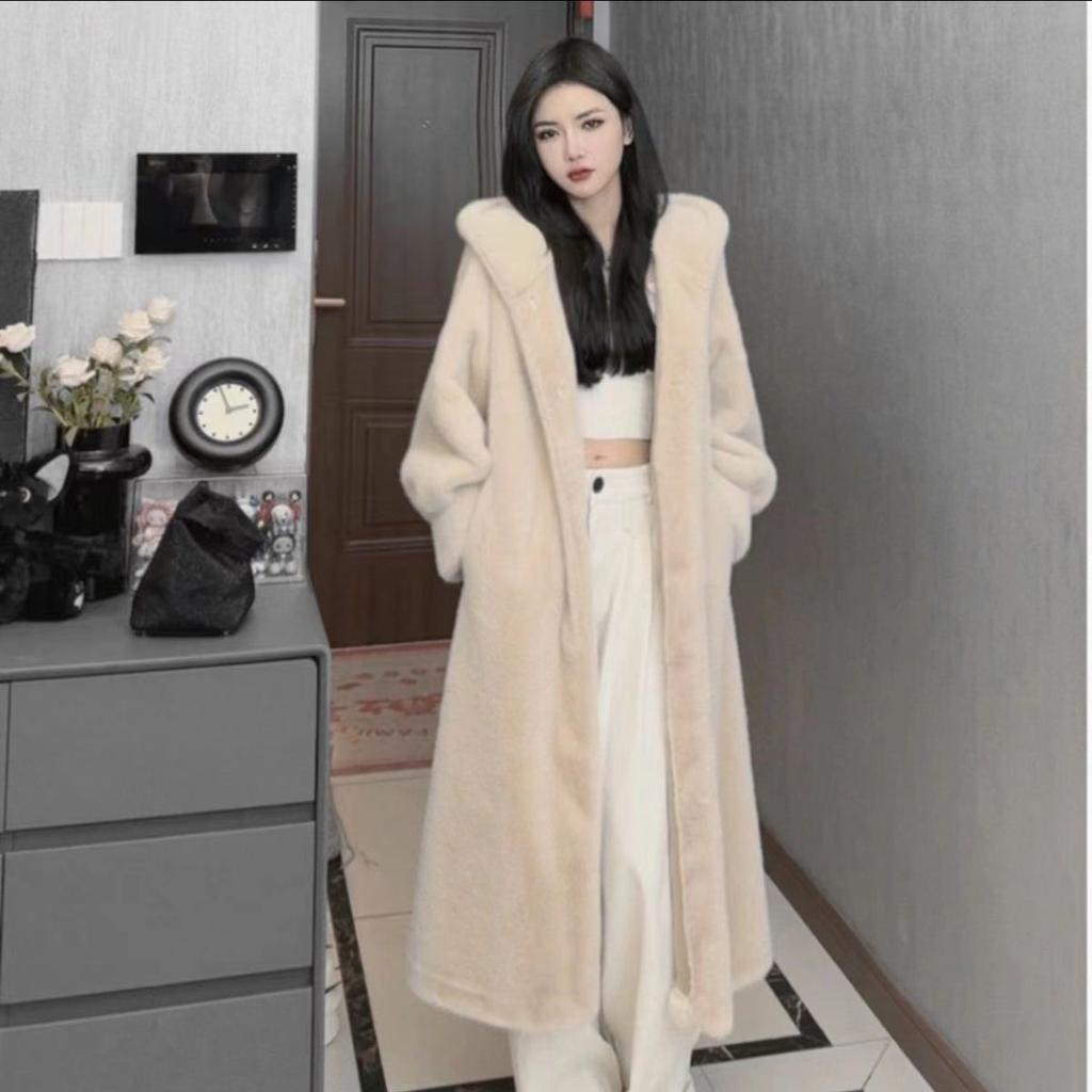 Hooded Plus Long Over the Knee Winter New Imitation Fur Mink Coat with Cotton Thickened Fur Coat