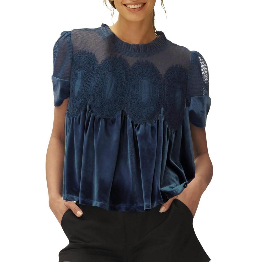 Модная сетчатая вышитая кружевом кофта с круглым вырезом из чистого бархата свободного кроя