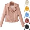 Lady Leather Long Sleeve Lapel Zipper Button Pocket Motorcycle Jacket Short Coat