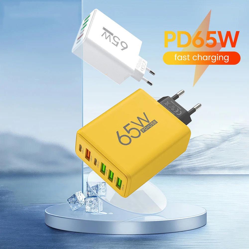 "Быстрое зарядное устройство PD65W с 4 портами USB и 2 портами Type-C, совместимо с телефонами Apple и Huawei."