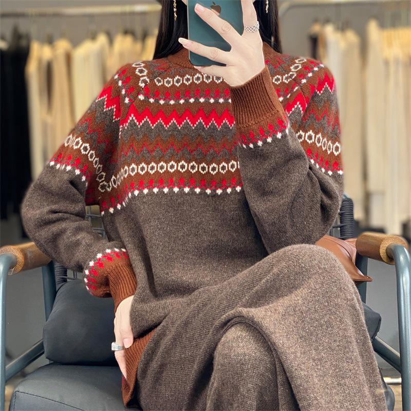 Женский шерстяной свитер в этническом стиле аргайл и комплект длинных брюк - Осенне-зимняя мода