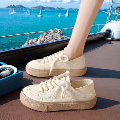 Каблук можно наступать на полускользящие парусиновые туфли женские 2024 весна новые нишевые оригинальные универсальные маленькие белые туфли с юбкой женские туфли