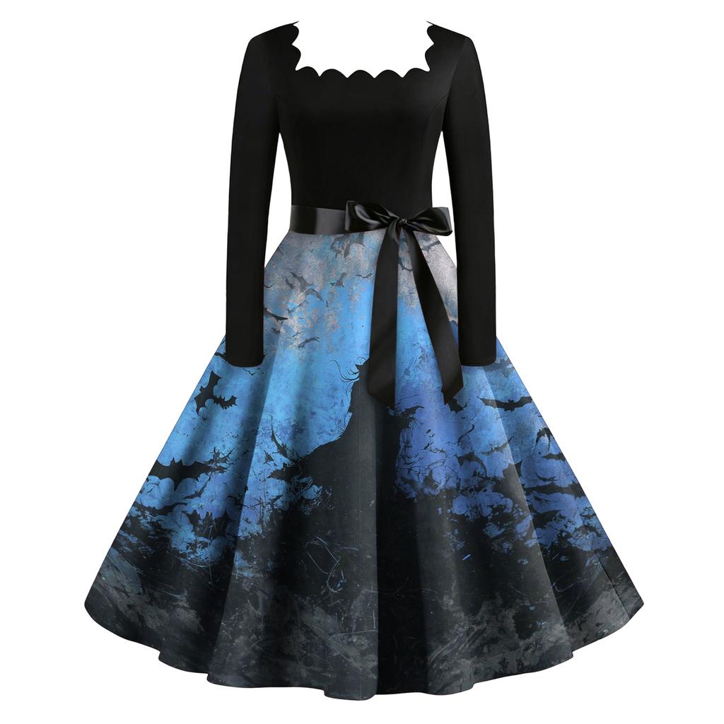 Women's Vintage Long Sleeve Square Neck Dress Halloween Skeleton Print Party Dress Retro Style Full Skirt with Waist Tie Belt