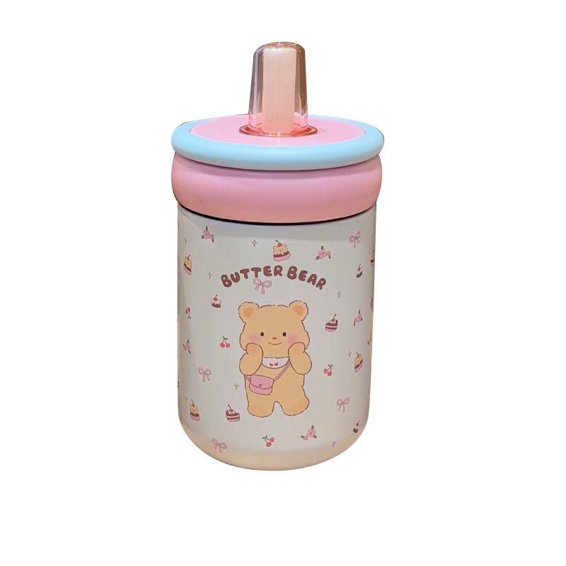 500ml Cute Butter Bear Insulated Straw Cup, 304 Stainless Steel Vacuum Tumbler, Portable Leak-Proof Mug For Girls & Kids