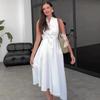 2024 Summer Women's Solid Color Sleeveless Stand-Up Collar Tie Waist Dress