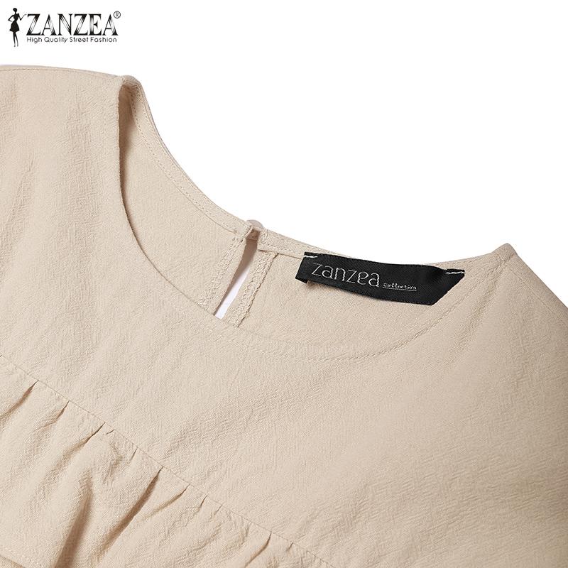 ZANZEA Женская повседневная однотонная свободная блузка с круглым вырезом и длинным рукавом
