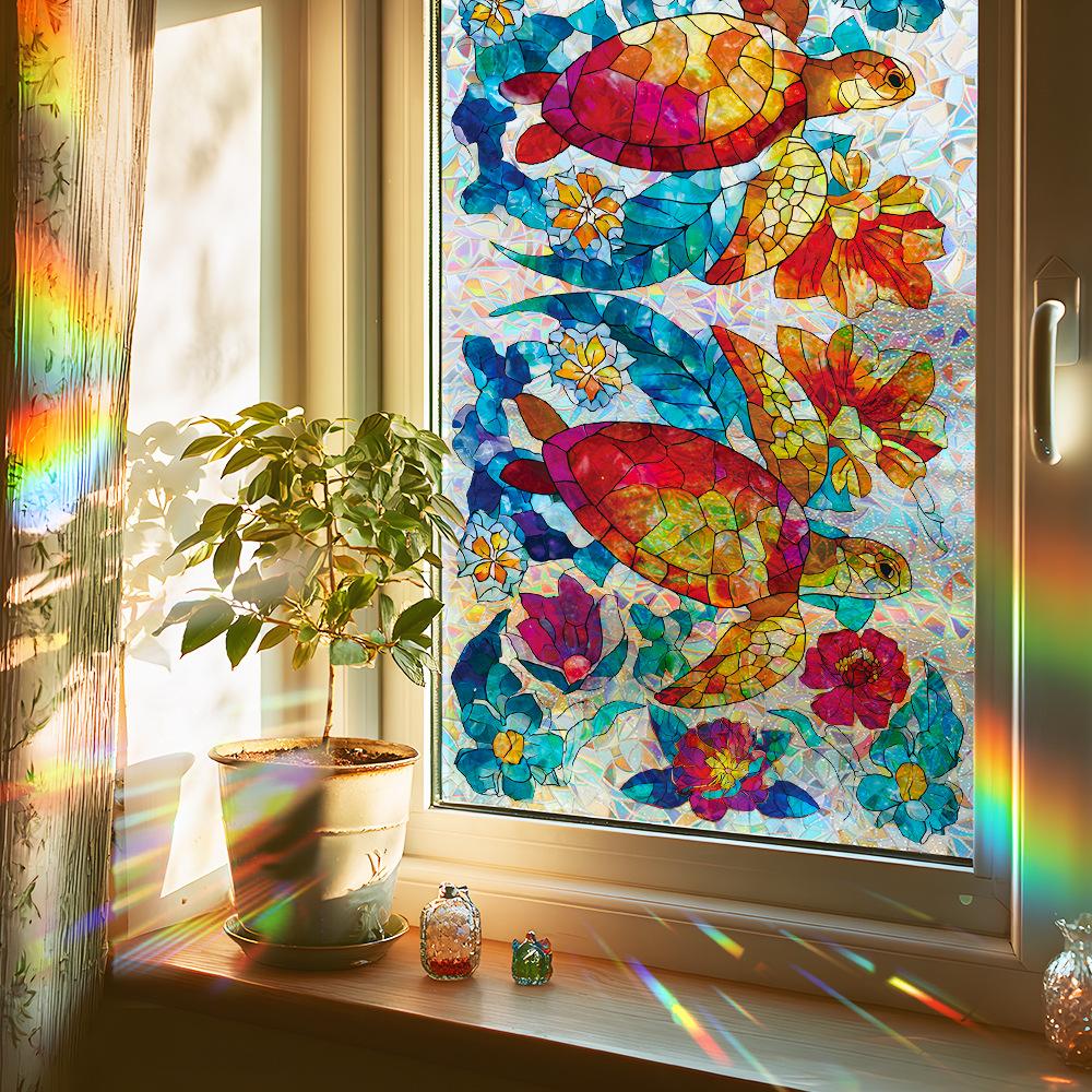 Персонализированные лазерной резки блестящие черепахи и цветочные декоративные статические наклейки для стеклянных дверей и окон ванной комнаты