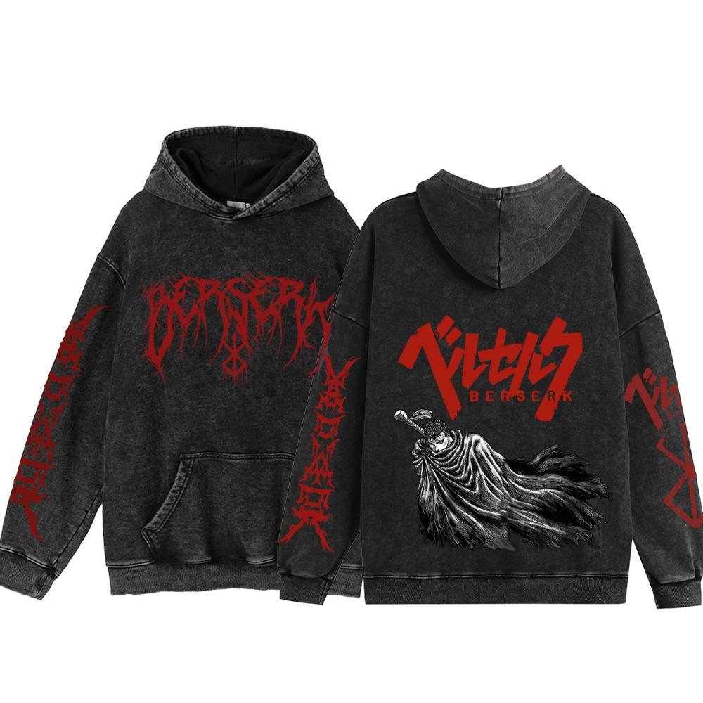 Anime Berserk Washed Hoodies Guts Manga Print Hoodies Men Women Harajuku Pullover Loose Cotton Sweatshirts Y2k Clothing Unisex