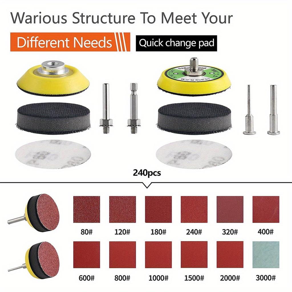 244pcs/set 2-Inch Alumina Sanding Disc Pad with Quick Change System - Includes 80-3000 Grit Sanding Paper and Rotary Tool