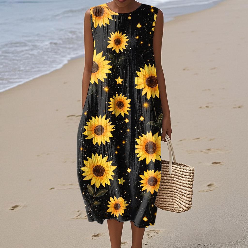 Women's Fashion Casual Sleeveless Round Neck Floral Elegant Temperament Dress