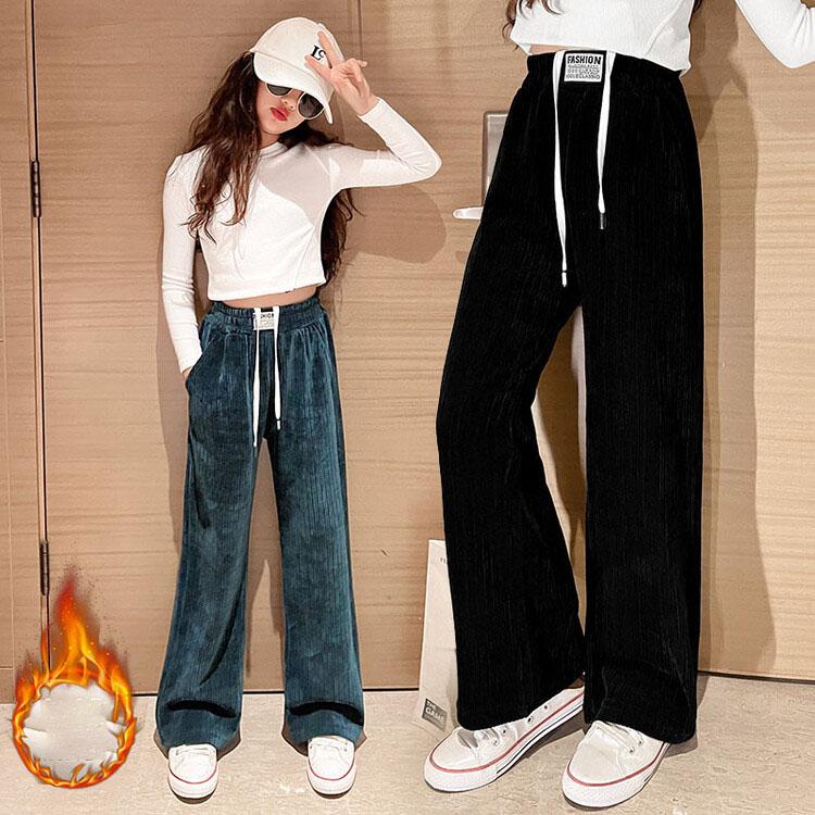 Зимние повседневные брюки из синели для девочек, свободные спортивные флисовые теплые широкие брюки с эластичной талией для детей, брюки для школьников