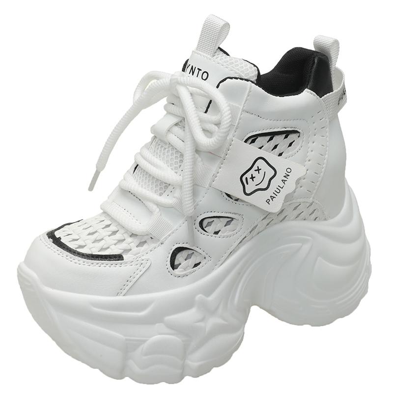 Модные 10-сантиметровые массивные кожаные кроссовки, летние повседневные вулканизированные туфли на шнуровке, женские кроссовки на высокой платформе, дышащие, с полым сетчатым верхом, спортивные кроссовки в стиле «папа»