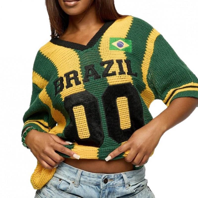 Womens Lightweight Breathable Knit Top With 3D Embroidered Letters Streetwear V-Neck Loose Fit Short Sleeve