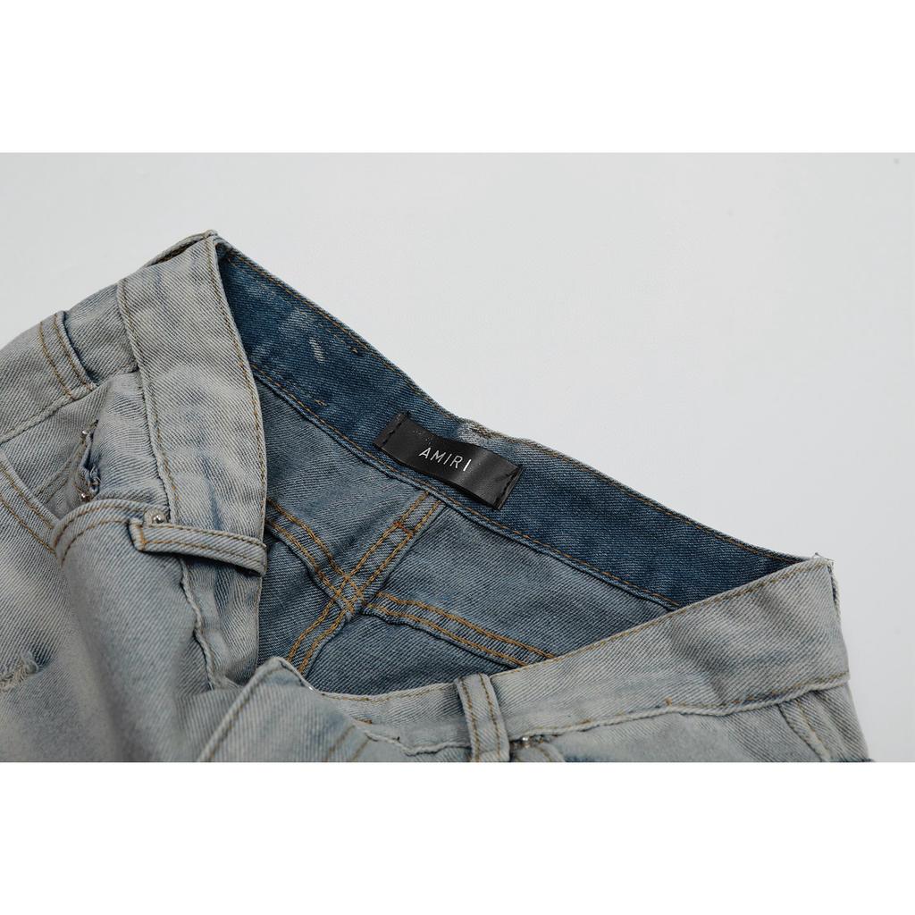 M48 Amiri Men's and Women's American Style Trendy Jeans with Fabric Patches, Holes, Embroidery, Casual and Fashionable High Street Pants