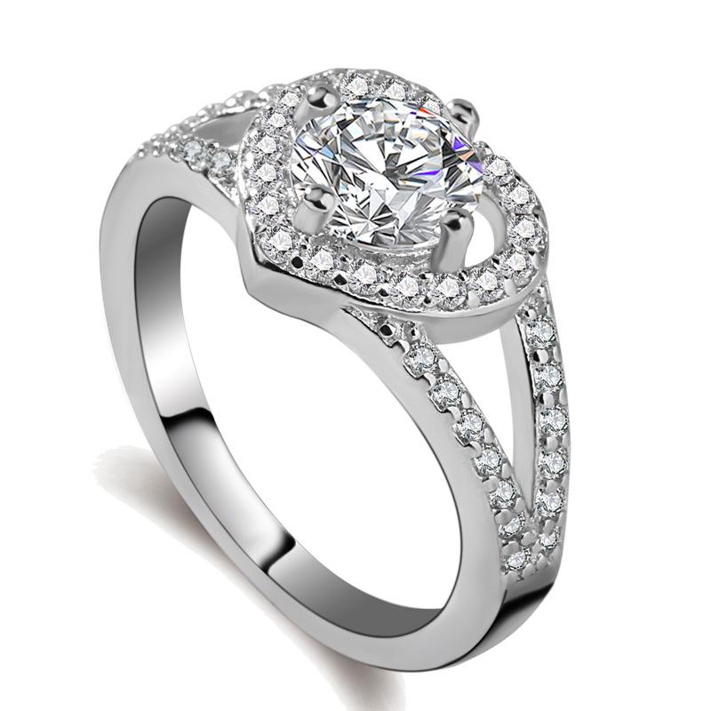 European and American White Copper Jewelry Micro Inlaid Ring Love Heart Ring Imitation Diamond Ring Women's Classic Style