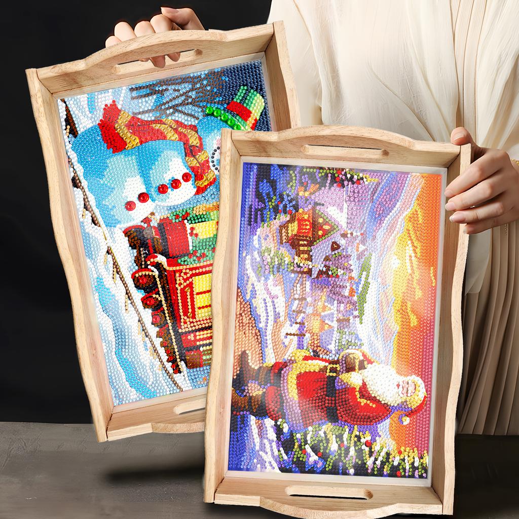 Рождественская деревянная обеденная тарелка с алмазной росписью и боковыми ручками, ручная работа, поднос для блюд, закусок, салата, десерта