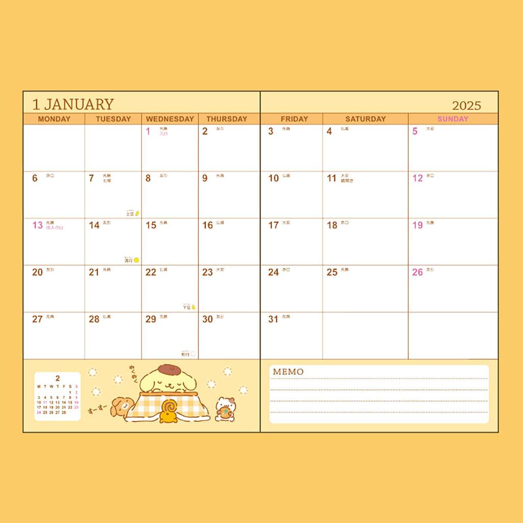 Sanrio Дневник формата B6 (Тип блока) Ежедневник Pompompurin 2025 (Начинается в октябре 2024) с наклейками для расписания и закладкой 456331