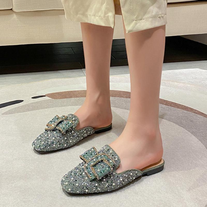 Женские элегантные летние универсальные тапочки на плоской подошве с квадратным носком, украшенные стразами, женские уличные туфли Muller