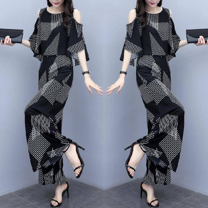 Fashion Women's Set Summer Korean Edition Loose and Slim Off Shoulder Top Wide Leg Pants Two Piece Set