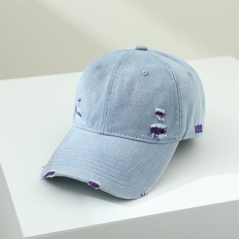 Washed denim side embroidery baseball hat men and women ripped couple soft top sunshade sun protection cap