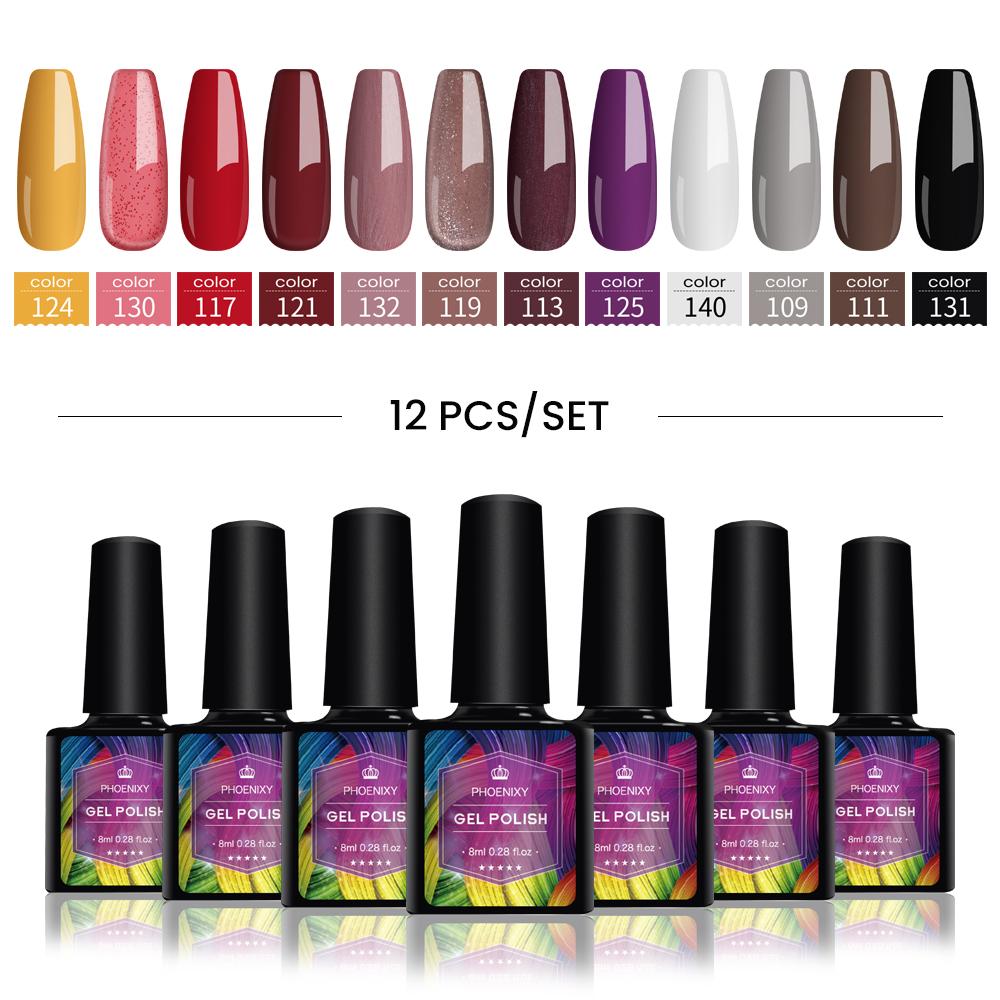 PHOENIXY Набор гель-лаков для ногтей, 12 цветов, набор геля для замачивания с чистым цветом для дизайна ногтей, стартовый набор для начинающих, сделай сам, дома