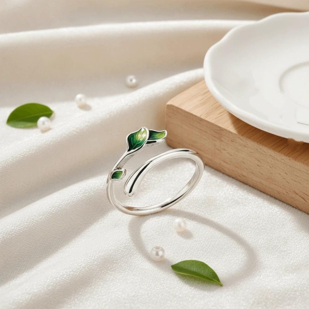 Adjustable Enamel Leaf Ring Oil Drop Women's Ring Elegant Leaf Opening Ring  Gifts