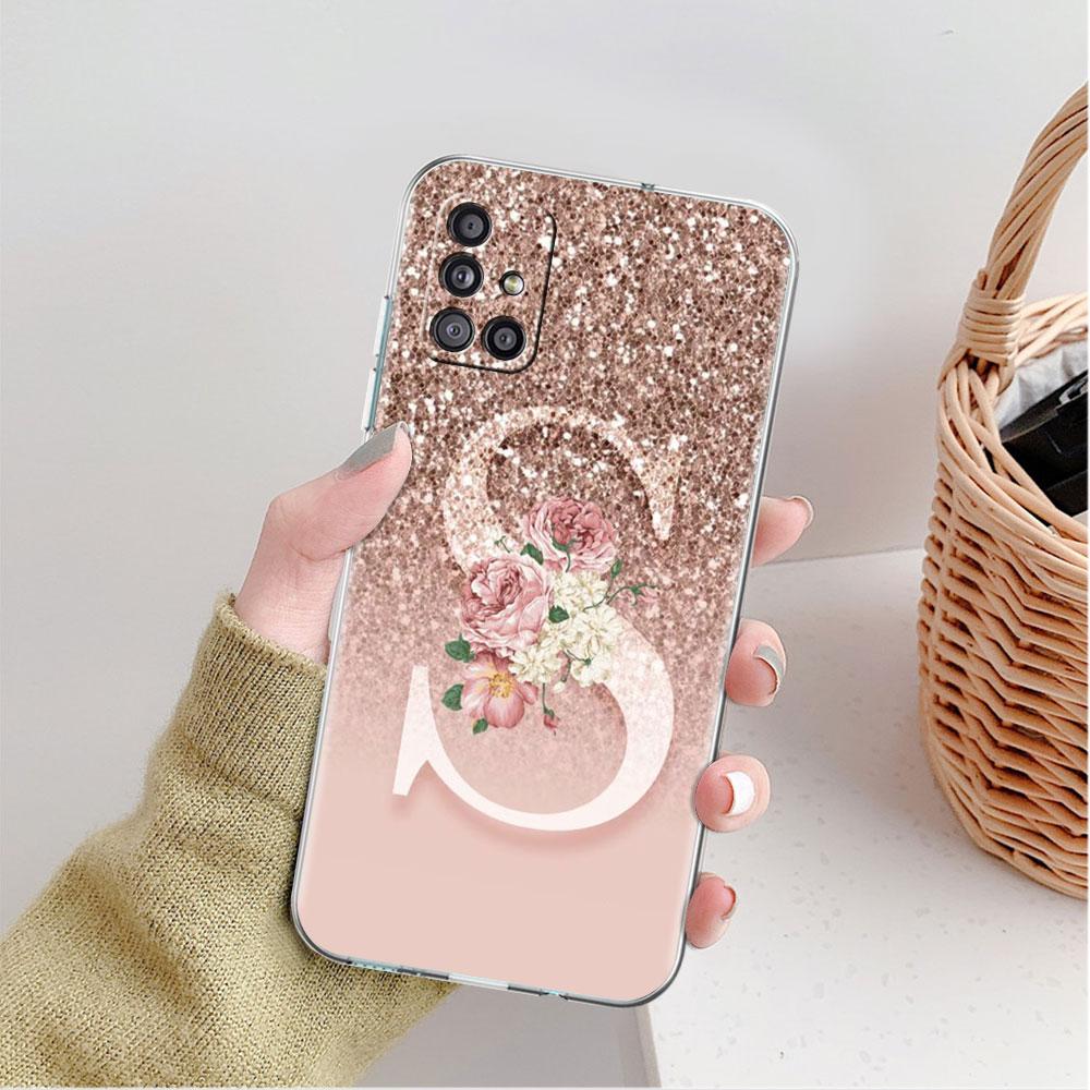 Прозрачный чехол для Samsung Galaxy A52 A12 A51 A32 A21s A71 A32 A22 50 A70 A31 A72 5G Чехол для телефона Письмо Розовый Блестящий M R