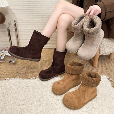 Женские эластичные зимние сапоги с мехом на толстой подошве со штрипкой на одну ногу, теплые, с холодной подкладкой, нескользящие, для повседневной носки, спортивные, короткие, до середины икры, хлопковые сапоги