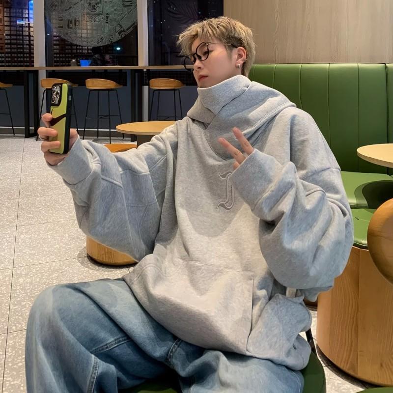 Men Women Oversized Hooded High Neck Sweatshirt Fall Casual Streetwear Cotton Blend Pullover