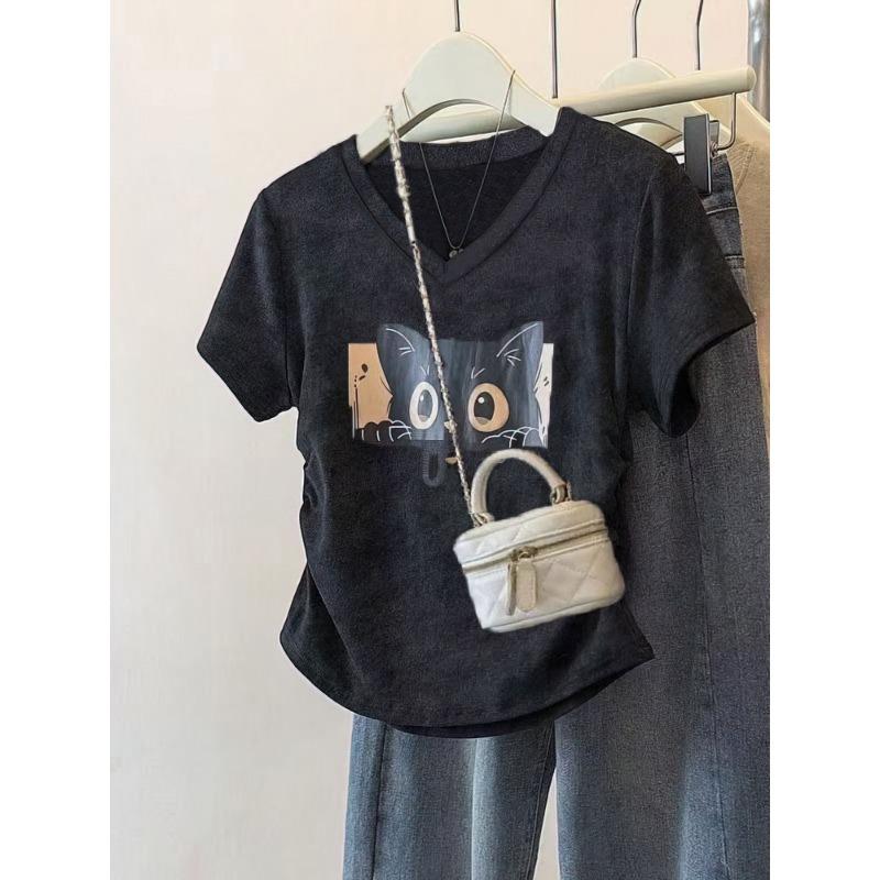 100% Cotton Washed Vintage Cat Print Short sleeve T shirt Women V neck Oversize Shirring Summer Top Lady Casual Tees