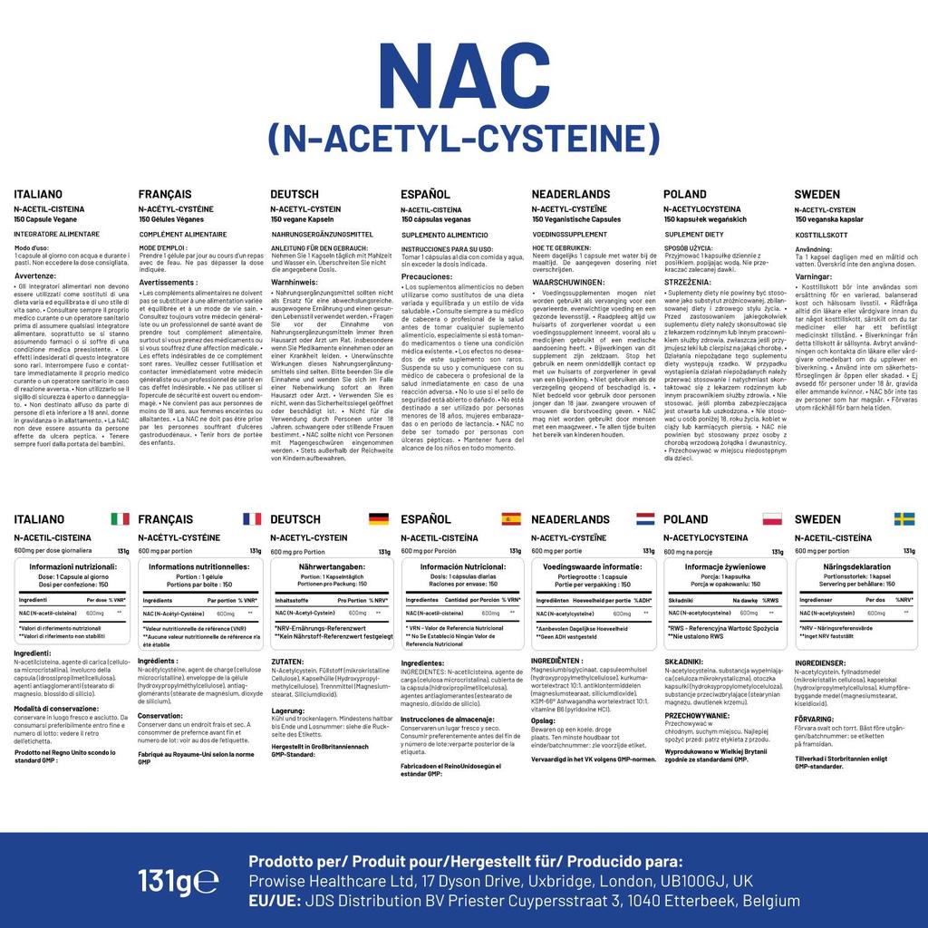 NAC N-Ацетилцистеин 600 мг 150 капсул | Произведено в Великобритании компанией Prowise Healthcare