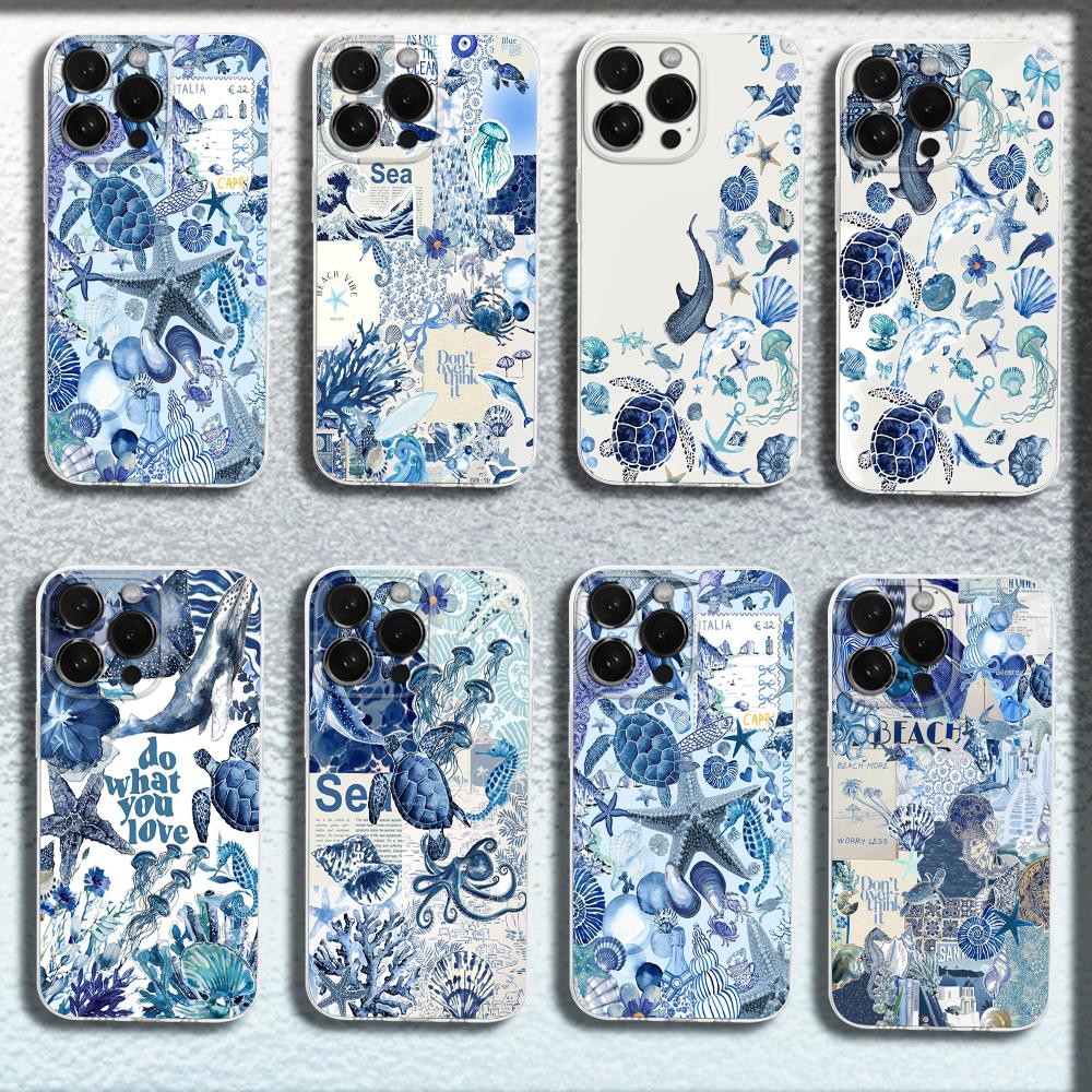 Чехол для телефона с рисунком морской жизни и морской черепахи Для iPhone 16,15,14,13,12,11 Plus,Pro,Max,XR,XS,X,Plus,SE,Mini Прозрачный мягкий чехол