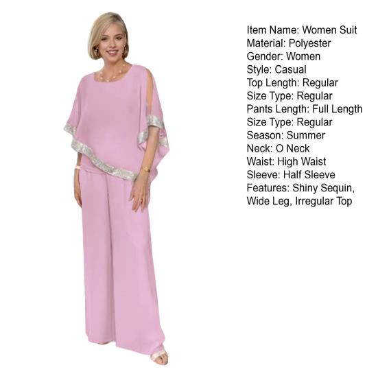 2 Pcs/Set Women Top Pants Set Bat Sleeve O Neck Shiny Sequin Irregular Blouse Elastic