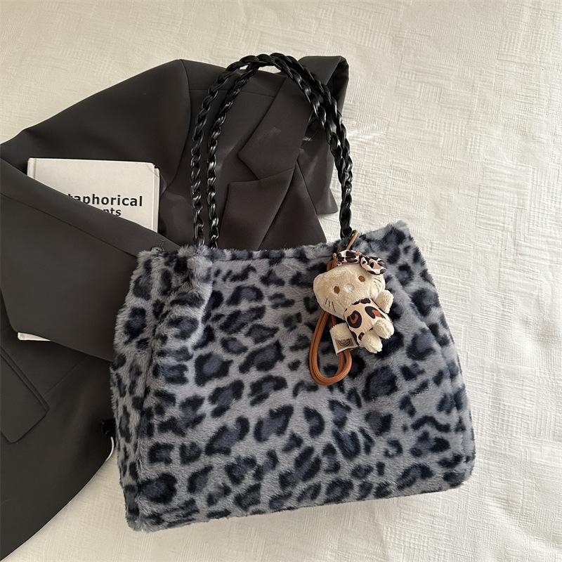 Зимняя плюшевая сумка-тоут с леопардовым принтом, женская модная сумка через плечо с цепочкой, универсальная пушистая сумка-мессенджер