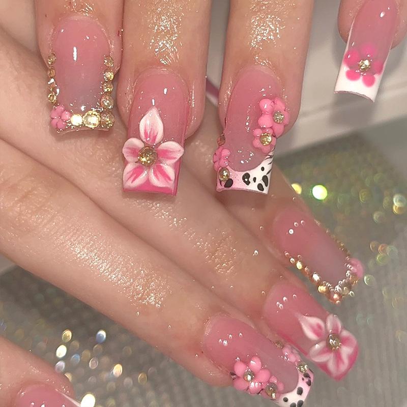 24Pcs French Tip Square Press On Nails With Bowknot Rhinestones Sweet Ballerina Full Cover False Nail Tips