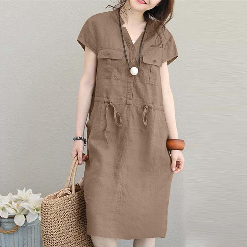 ZANZEA Summer Casual V-neck Short Sleeve Tunic Waist Shirt Dress