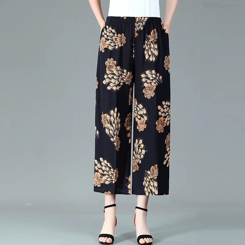 WTEMPO Женские широкие брюки из смеси хлопка и конопли большого размера, тонкие укороченные брюки с высокой талией и эластичным принтом для мамы