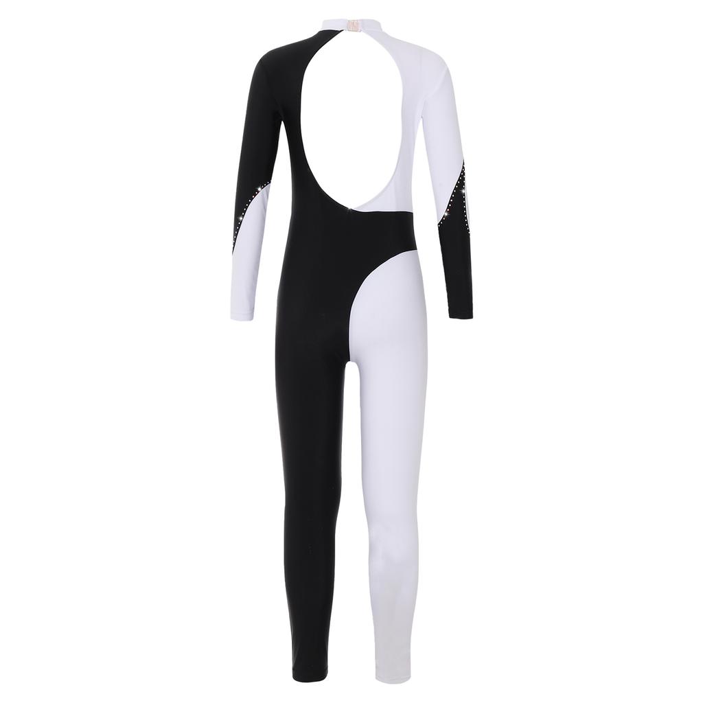 Girls Long Sleeve Round Collar Shiny Rhinestone Decorated Contrast Color Backless Jumpsuit Gymnastic Wear