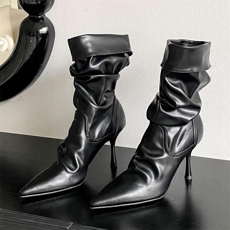 Модный осенний дизайн, плиссированные женские ботильоны до щиколотки, сексуальные тонкие высокие каблуки, туфли с острым носком, современные короткие ботильоны для женщин