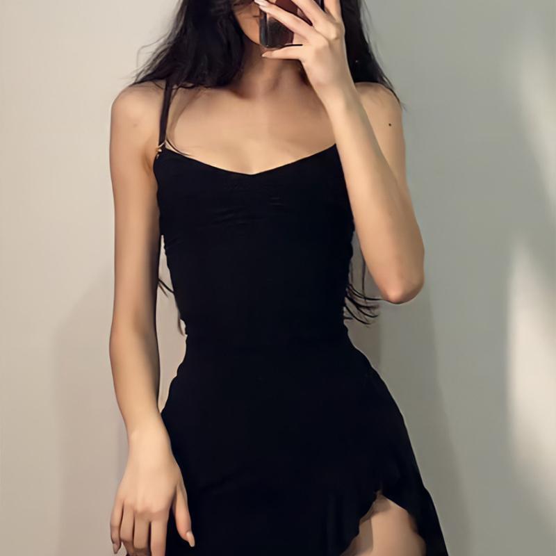 Летнее сексуальное мини-платье женское без рукавов на бретельках уличная одежда со складками на спине облегающее черное платье с разрезом вечерние элегантные платья трапециевидной формы